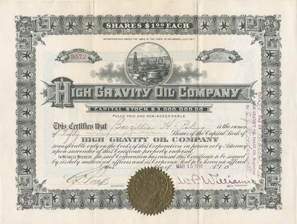 High Gravity Oil Co. - Stock Certificate